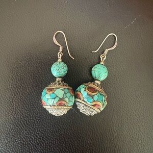 Tibetan Turquoise with Coral Inlay Silver Dangle Earrings